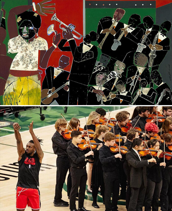 Art and sports moments showing coincidentally accurate and funny similarities in composition and action.