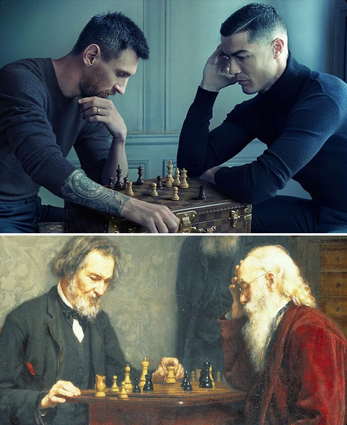 Two images showing coincidentally accurate and funny similarities between art and sports moments playing chess.