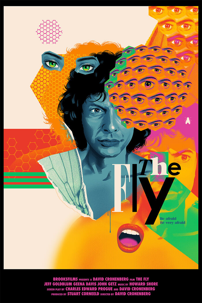 Reimagined famous movie poster for The Fly featuring surreal eye patterns and colorful abstract design.