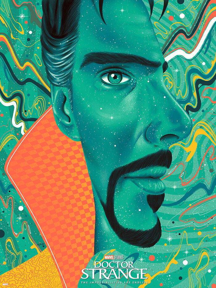Illustration of Doctor Strange in a colorful cosmic style, a famous movie poster reimagined by an artist.