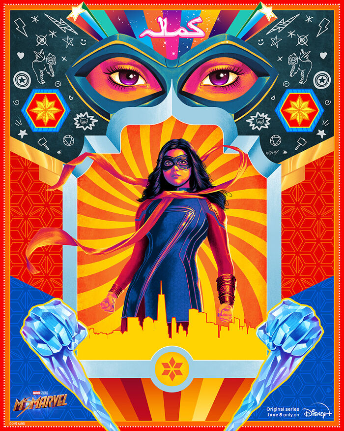 Colorful reimagined movie poster featuring a superheroine with a mask, vibrant background, and urban skyline in bold design.