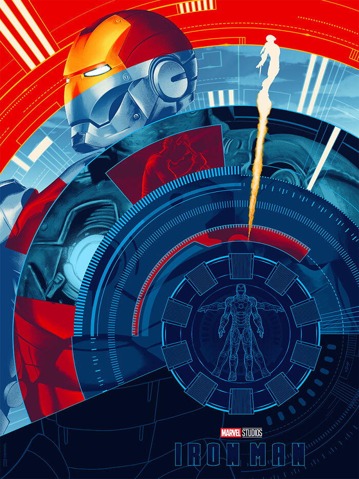 Reimagined famous movie poster of Iron Man with futuristic digital and mechanical design elements.