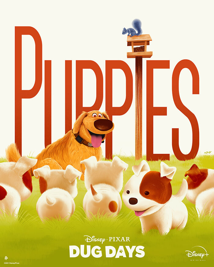 Reimagined famous movie posters featuring Pixar's Dug Days puppies playing in the grass with a squirrel on a birdhouse.