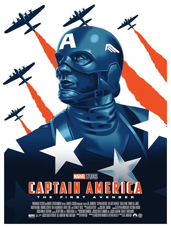 Reimagined famous movie posters featuring Captain America with vintage planes in a bold, graphic style by an artist.