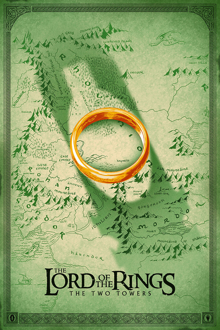 Reimagined famous movie poster of The Lord of the Rings featuring the iconic ring over a map background.