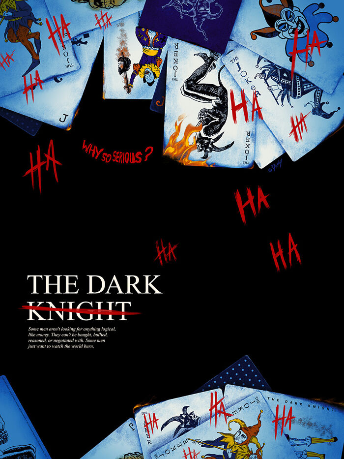 Reimagined famous movie poster featuring Joker playing cards and bold red HA laughter accents in dark artistic style.