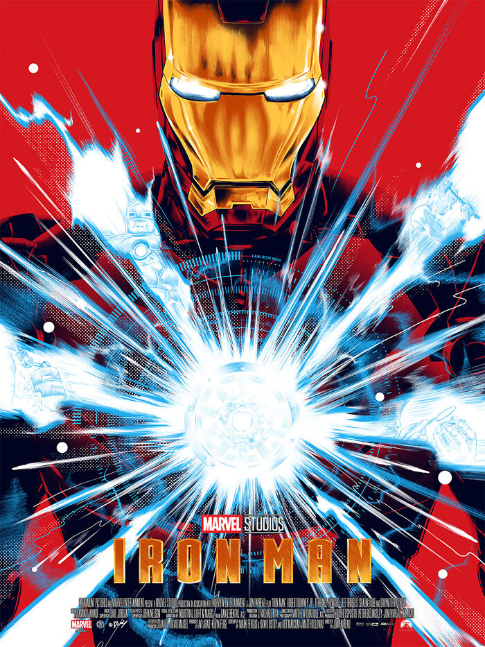 Reimagined famous movie poster featuring Iron Man with glowing arc reactor and dynamic light effects on red background.