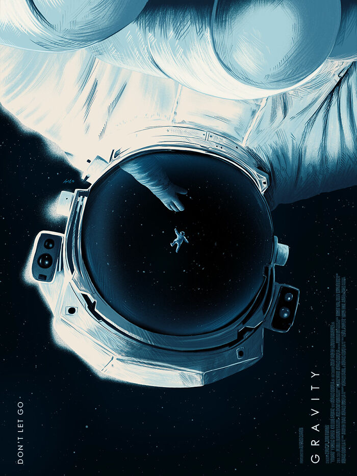 Astronaut helmet reflecting a small floating figure in space, digital art inspired by famous movie posters reimagined by artist.