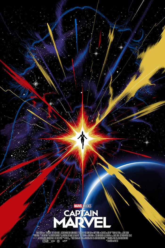 Reimagined famous movie poster of Captain Marvel by an artist with vibrant cosmic explosion and silhouette in space.