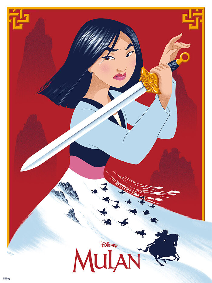 Reimagined famous movie poster of Mulan holding a sword with stylized artistic background and battle scene.