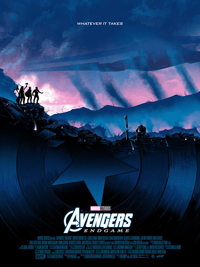 Reimagined iconic movie poster of Avengers Endgame with silhouetted heroes and a large star in a dark, dramatic landscape.