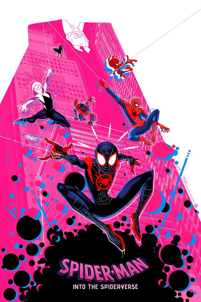 Reimagined famous movie posters featuring Spider-Man characters in a vibrant pink cityscape by a talented artist.