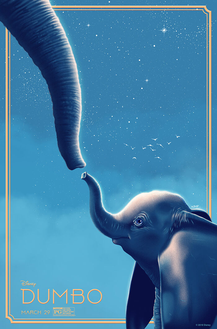 Reimagined famous movie poster featuring Dumbo the elephant under a starry night sky with a glowing border.