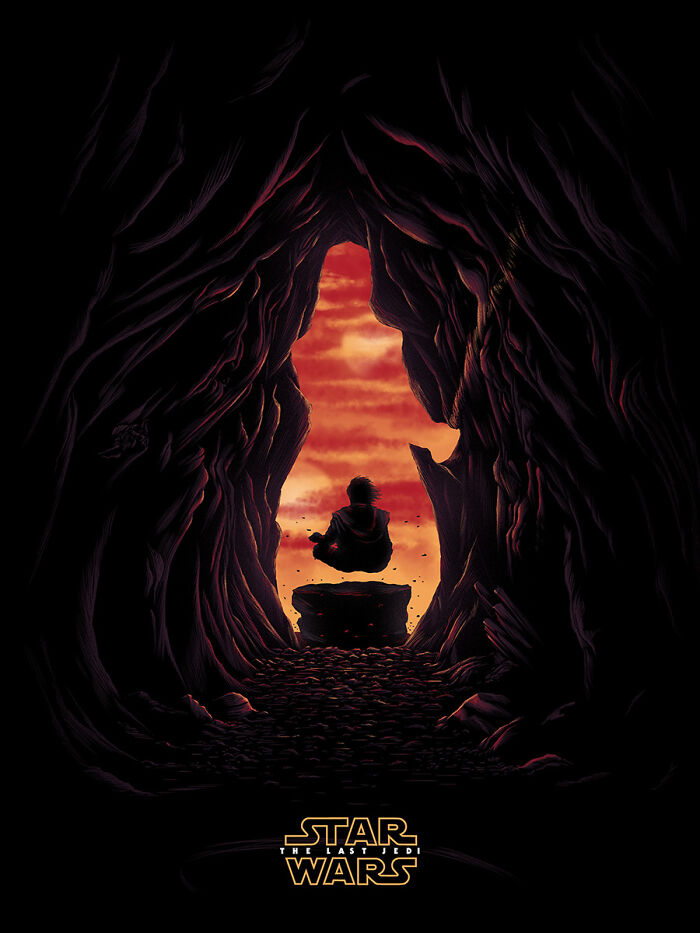 Reimagined famous movie poster of Star Wars featuring a cloaked figure levitating in a glowing cave entrance at sunset.