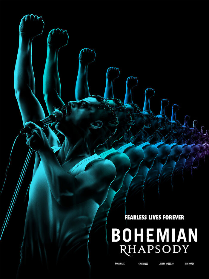 Reimagined famous movie poster of Bohemian Rhapsody with a stylized, repeated image of the singer holding a microphone.