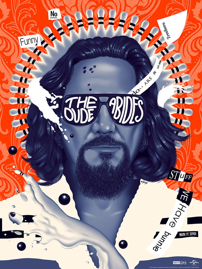 Reimagined famous movie poster featuring a stylized portrait of The Dude with bowling pins and bold colors.