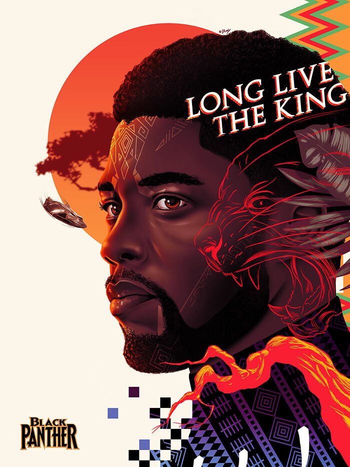 Digital artwork reimagining the famous movie poster of Black Panther with bold colors and tribal patterns.