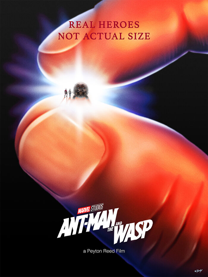 Reimagined famous movie poster of Ant-Man and the Wasp showing tiny heroes held between fingers.