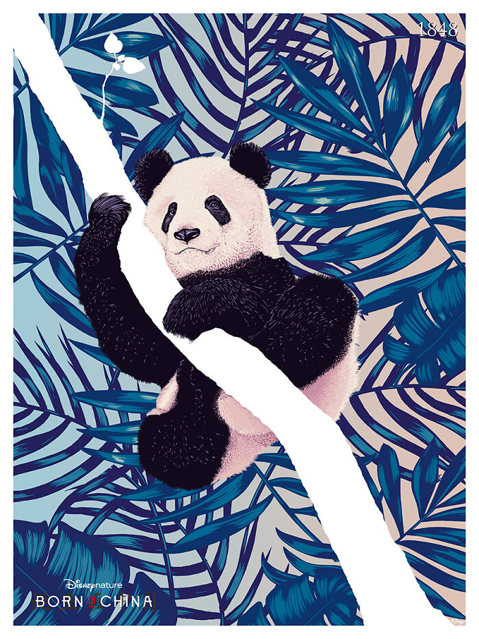 Illustration of a panda on a branch with blue tropical leaves, a reimagined famous movie poster by an artist.
