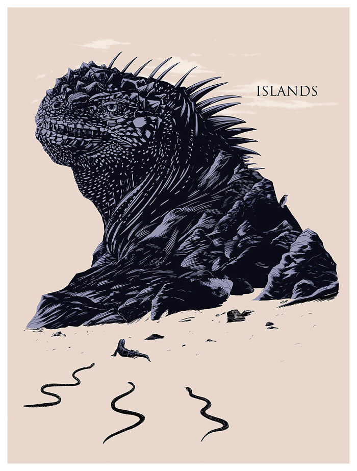 Reimagined movie poster featuring a giant iguana-shaped island with snakes on the shore, showcasing iconic art style.