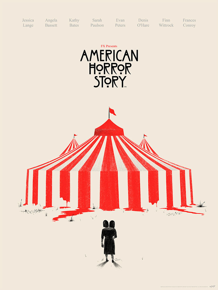 Minimalist American Horror Story poster reimagined by artist, featuring a red and white striped circus tent and shadowed figure.