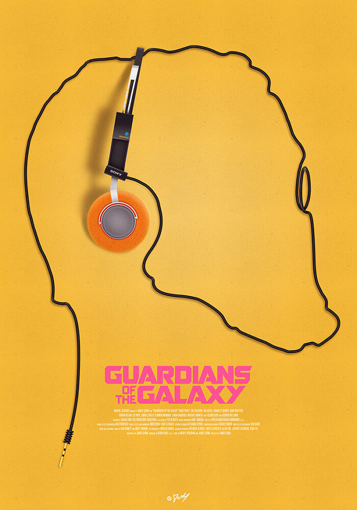 Guardians of the Galaxy movie poster reimagined by an artist using headphone cord silhouette on a yellow background.