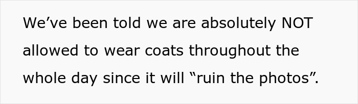 "We Are Absolutely NOT Allowed To Wear Coats”: Bridesmaid Stresses About Her Health After Bride Bans Coats From Her Winter Wedding "We Are Absolutely NOT Allowed To Wear Coats”: Bridesmaid Stresses About Her Health After Bride Bans Coats From Her Winter Wedding