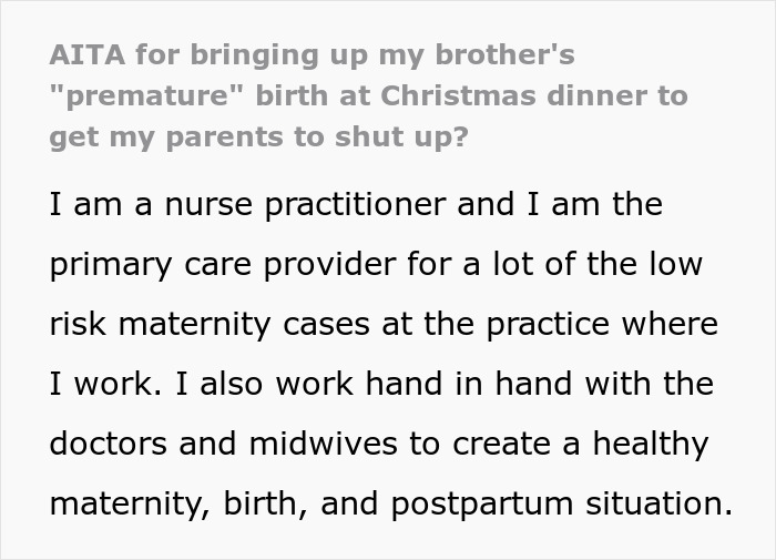 Man Ponders &ldquo;AITA For Bringing Up My Brother&rsquo;s &lsquo;Premature&rsquo; Birth At Christmas Dinner To Get My Parents To Shut Up?&rdquo;