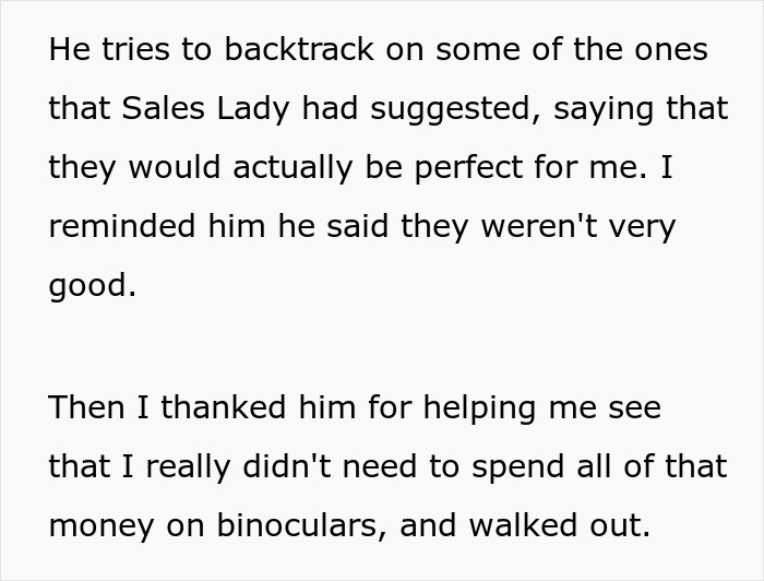 Sales Guy Tries To Upsell Binoculars With Insurance, Says The Client Shouldn&rsquo;t Buy Them Without It, Client Maliciously Complies