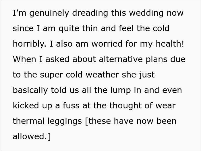 "We Are Absolutely NOT Allowed To Wear Coats”: Bridesmaid Stresses About Her Health After Bride Bans Coats From Her Winter Wedding "We Are Absolutely NOT Allowed To Wear Coats”: Bridesmaid Stresses About Her Health After Bride Bans Coats From Her Winter Wedding