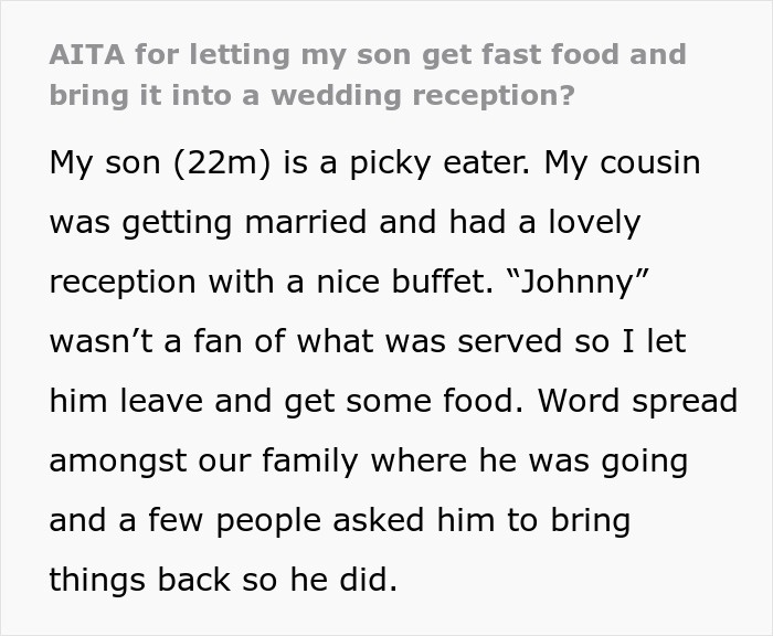 Parent Took Online Wondering Whether They’re Indeed A Jerk For Letting Their 22-Year-Old Bring Fast Food To A Wedding Parent Took Online Wondering Whether They’re Indeed A Jerk For Letting Their 22-Year-Old Bring Fast Food To A Wedding