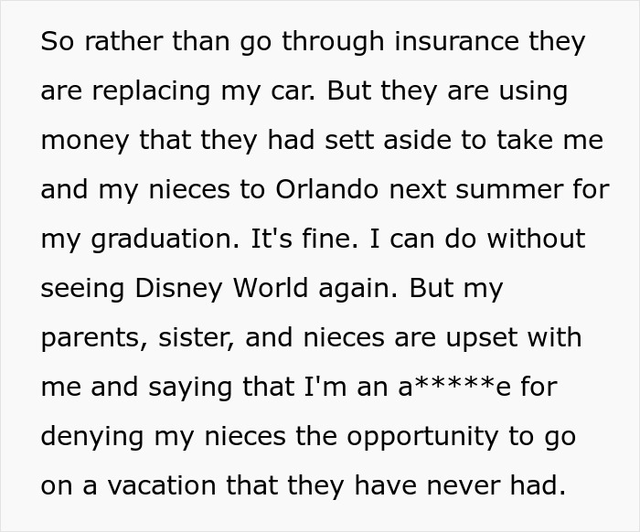 &ldquo;Am I A Jerk For Making My Parents Choose Between My Sister Going To Jail Or Replacing My Car With Their Vacation Money&rdquo;
