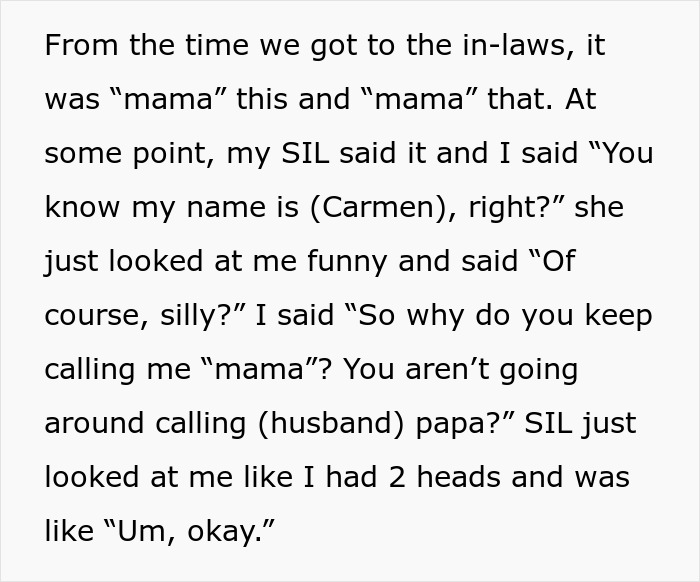 Woman Lost Her Patience And Told Her In-Laws To Stop Calling Her ‘Mama’, Wonders If She Shouldn’t Have Done It During Christmas Woman Lost Her Patience And Told Her In-Laws To Stop Calling Her ‘Mama’, Wonders If She Shouldn’t Have Done It During Christmas