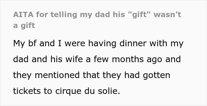 "They Just Threw Me The Scraps": Woman Is Told To 'Grow Up' After Getting Mad At Her Dad Who Bought Better Tickets To A Show For His Wife "They Just Threw Me The Scraps": Woman Is Told To 'Grow Up' After Getting Mad At Her Dad Who Bought Better Tickets To A Show For His Wife