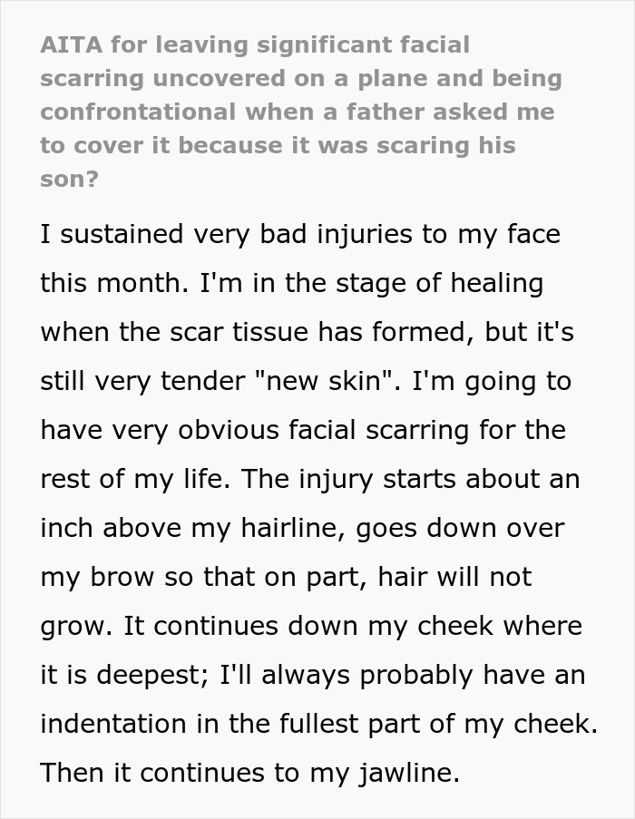 "Am I The Jerk For Leaving Significant Facial Scarring Uncovered On A Plane And Being Confrontational When Asked To Cover It?"