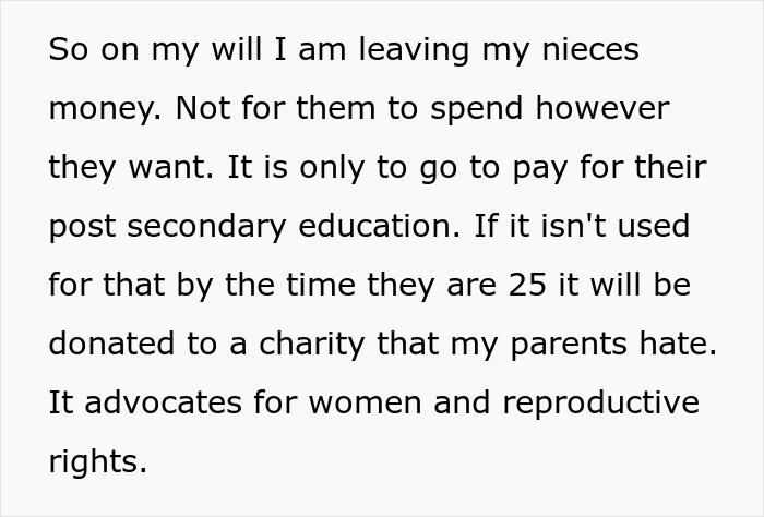Woman Refuses To Simply Give Money To Her Parents Who Are Raising Her Nieces As They Are Ultra-Religious, But Leaves Them Inheritance With A Condition