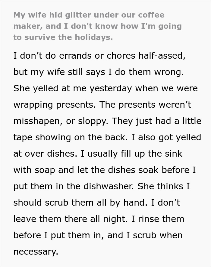 Wife Sets A Glitter Trap For Husband To Test His Housework, He Pours His Heart Out Online: "I Don't Know How I'm Going To Survive The Holidays" Wife Sets A Glitter Trap For Husband To Test His Housework, He Pours His Heart Out Online: "I Don't Know How I'm Going To Survive The Holidays"