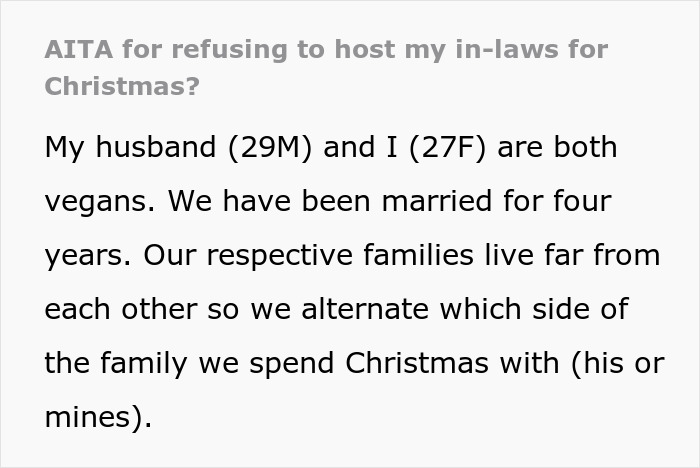 Vegan Woman Wonders "Am I A Jerk For Refusing To Host My In-Laws For Christmas?"