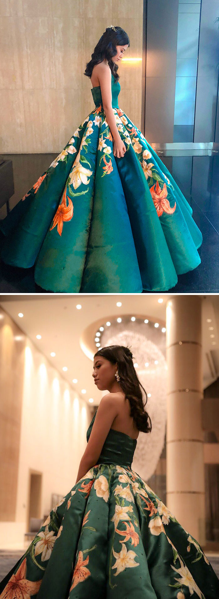 ¡Hice y pinté mi vestido para el baile de graduación! Pinté más de 80 flores, cosí y coloqué brillantes con mi mamá y diseñé todo yo sola