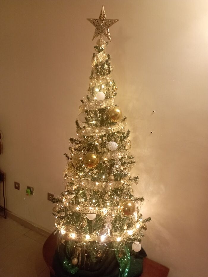 We've Had A Gold And White Theme For About 2 Years...this Year We Added A Ribbon With Lights!