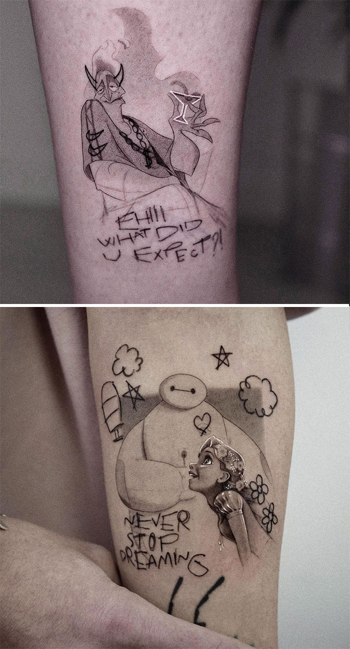 Cartoon tattoos of childhood favorites featuring whimsical characters on forearms.