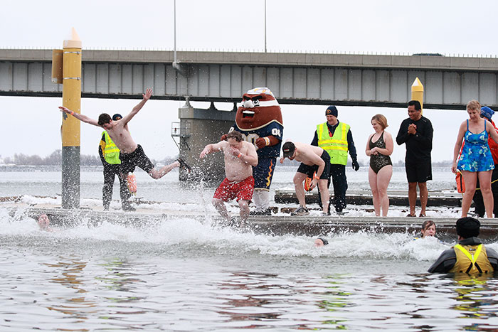 Persons jumping and swimming in cold water