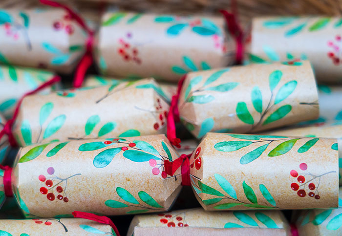 Decorated and wrapped Christmas crackers