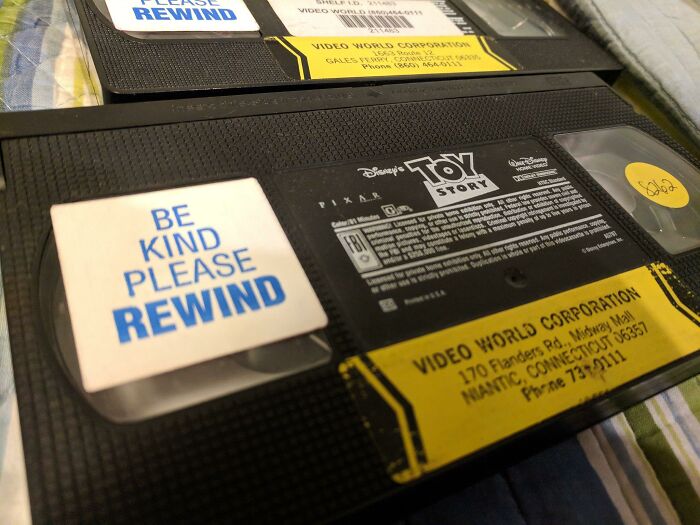 VHS tapes with rewind labels from Video World Corporation, evoking nostalgia for the most Gen X memories and culture.