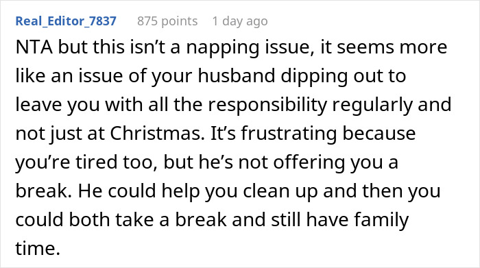 People Online Call This Woman The Jerk For Critiquing Her Husband Who Decided To Take A Nap On Christmas Day
