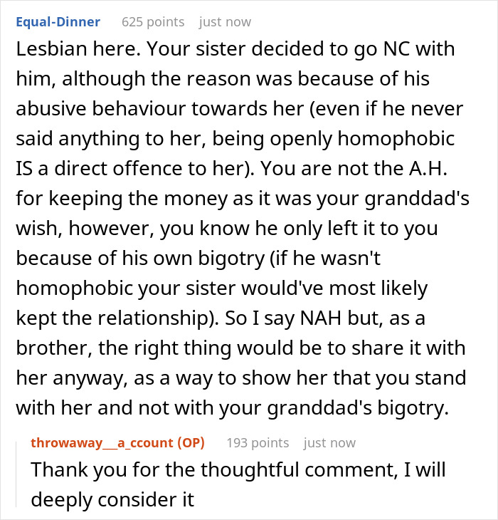 Sister Cut Ties With Grandad For His Anti-LGBTQ+ Views, Later Demanded Her Brother Share Half Of His Inheritance Sister Cut Ties With Grandad For His Anti-LGBTQ+ Views, Later Demanded Her Brother Share Half Of His Inheritance