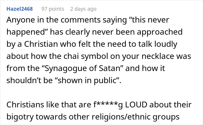 Text comment about Christian boss criticizing religious symbols and showing bigotry. Text comment about Christian boss criticizing religious symbols and showing bigotry.