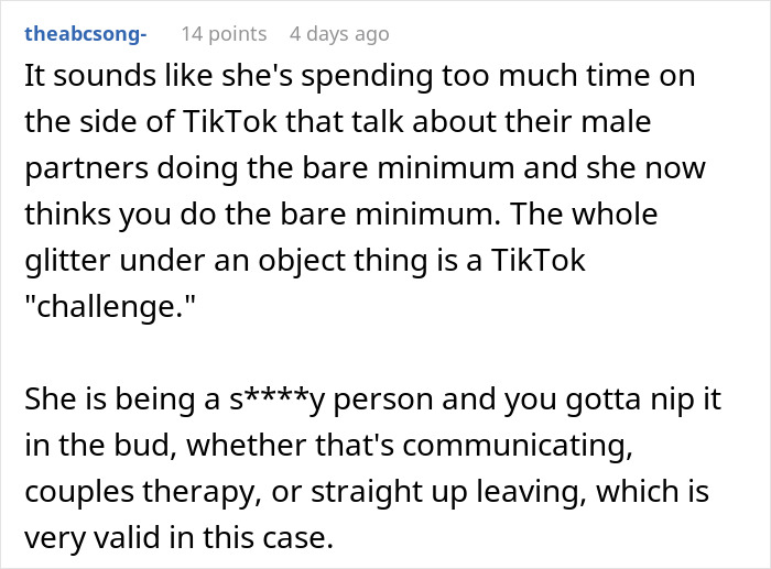 Wife Sets A Glitter Trap For Husband To Test His Housework, He Pours His Heart Out Online: "I Don't Know How I'm Going To Survive The Holidays" Wife Sets A Glitter Trap For Husband To Test His Housework, He Pours His Heart Out Online: "I Don't Know How I'm Going To Survive The Holidays"