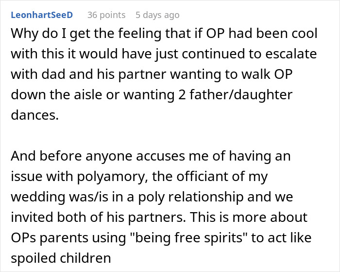 Bride Bans Polyamorous Parents' Throuple Partner From Her Wedding And Asks Folks Online If She's The Bad Guy