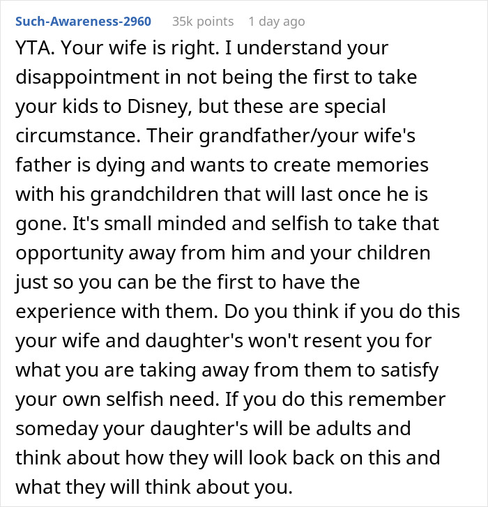 Man Wonders If It's Truly 'Selfish' And 'Heartless' To Ask His Wife To Cancel Her Terminally Ill Father&rsquo;s Trip To Disney With Their Daughters